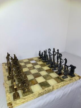 Large Greek Bronze Brass Chess Set Minoan Style Heavy Sculptural Pieces